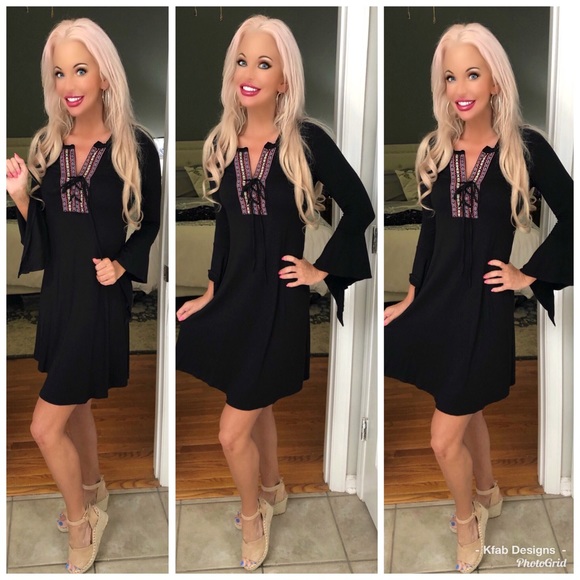 LAST 1! 💕Stunning Black Jersey Knit Peasant Dress - Picture 3 of 4